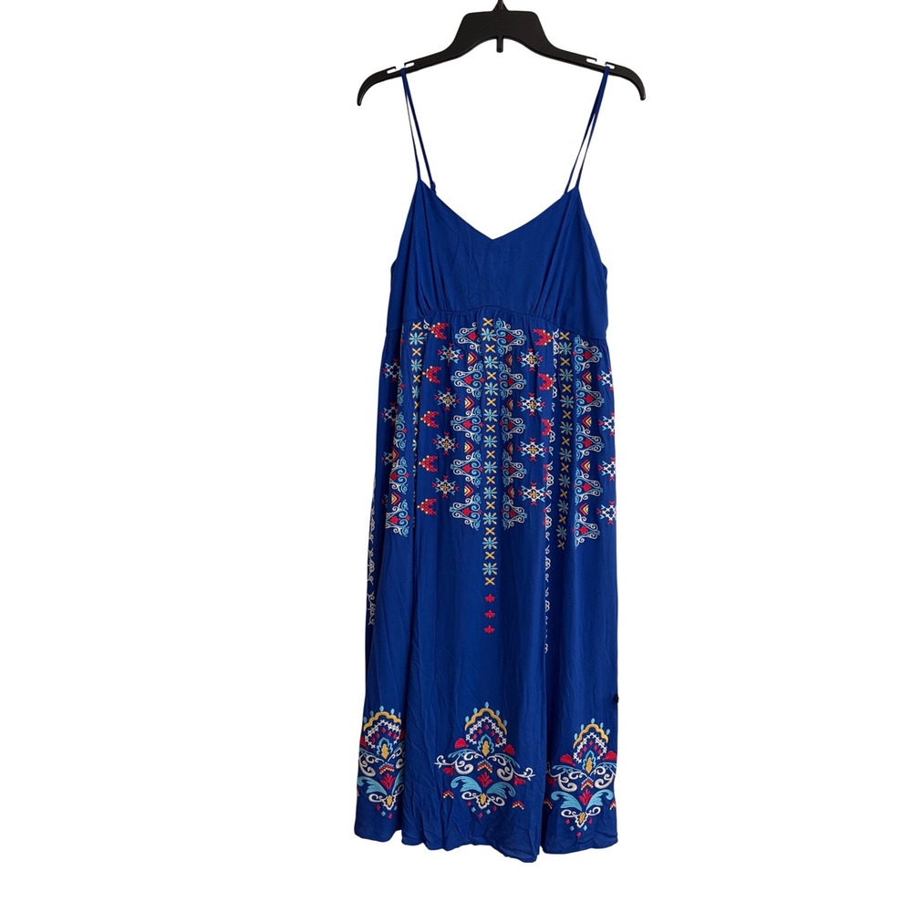 New Savanna Jane Royal Blue Embroidered Boho Midi Dress Small Beach Empire Waist